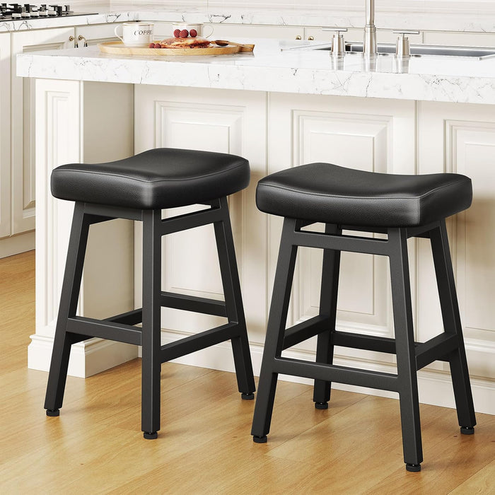 24 Inche Bonded Leather Counter Height Bar Stools Set of 2 Curved | Barstools with Curved Bonded Leather Seats & Heavy Duty Metal Legs for Kitchen Counter, Easy Assembly, All Black