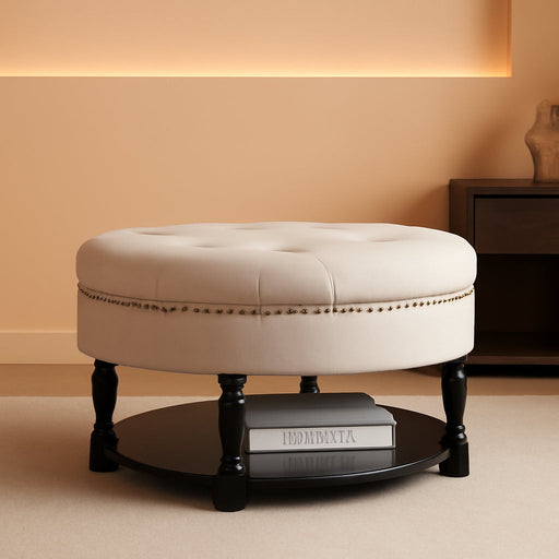31.5" Large round Storage Ottoman, Upholstered Tufted Linen Ottoman Coffee Table, Large Footrest with Solid Wooden Legs Wood Shelf Storage, Side Table for Living Room Bedroom Office, Beige