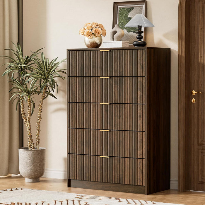 Walnut Dresser for Bedroom, Tall Dresser with 5 Drawers and Smooth Slides, Modern Chest of Drawers with Golden Handles for Bedroom, Living Room, Closet, 15.7" D X 31.5" W X 47.2" H
