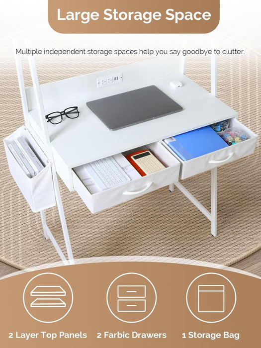 Freestanding Ladder Desks with Power Outlets, Small Home Office Study Reading Desks with 2 Fabric Drawers and Side Bag, Computer Gaming Desk Modern Vanity Dressing Makeup Desk (Elegant White, Ladder)
