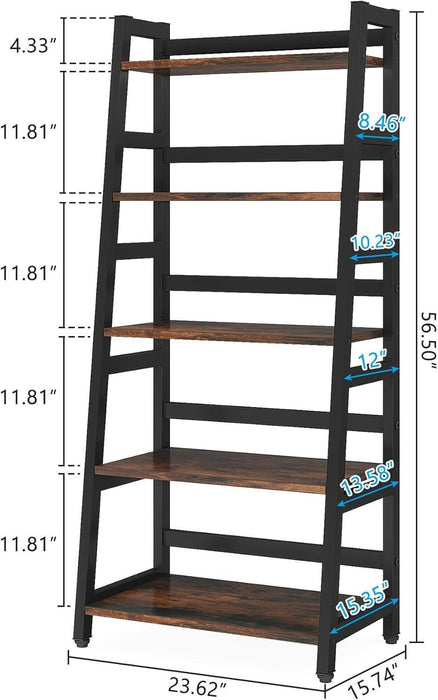 5-Tier Bookshelf Industrial Bookcase, 5 Shelf Ladder Shelf Book Storage Shelf Organizer for Living Room, Home Office