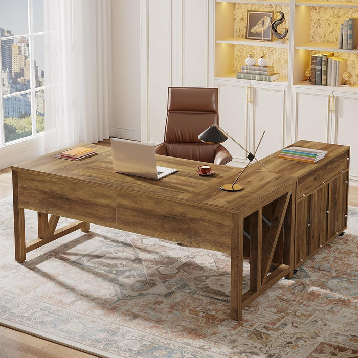 63" L Shaped Executive Desk & 39" File Cabinet Set, Corner Computer Desk with Ample Storage, Large Industrial Retro Office Desk with Drawers & Shelves, for Home & Business, Rustic Brown