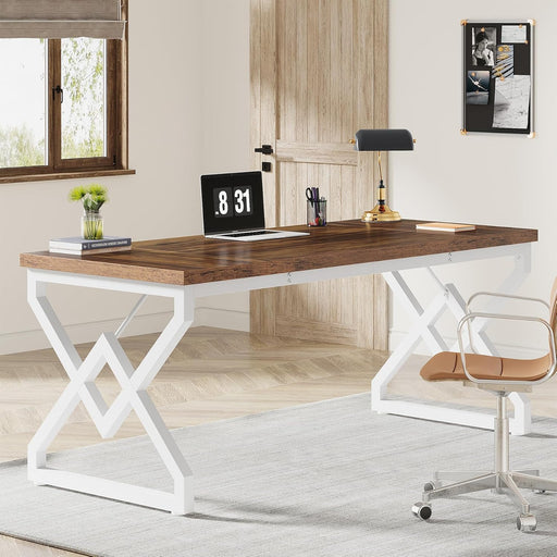 63 Inch Executive Desk, Large Office Desk with Metal Frame, Ergonomic Writing Desk Computer Workstation, Modern Wood Computer Desk for Home Office, Easy Assembly (Brown+White)
