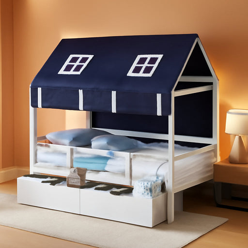 White Twin Montessori House Bed Frame With Drawers