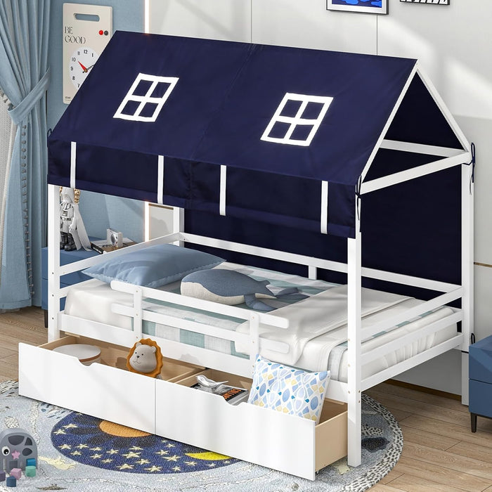 White Twin Montessori House Bed Frame With Drawers