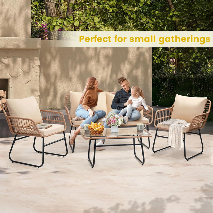 4 Piece Patio Bistro Outdoor Furniture Set, Wicker Sofa, 2 Rattan Chairs, and Table, Backyard Conversation Set, All Weather Cushions, Natural Rattan Beige Cushion