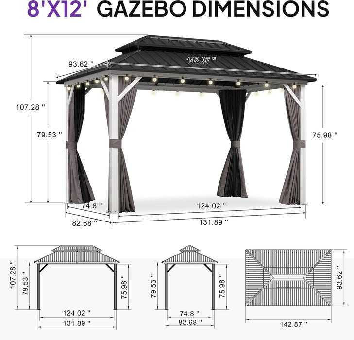 8' X 12' Outdoor Gazebo Galvanized Steel Double Roof White Aluminum Frame Hardtop Heavy Duty Gazebo with Curtain and Netting for Patio Garden and Backyard, Grey