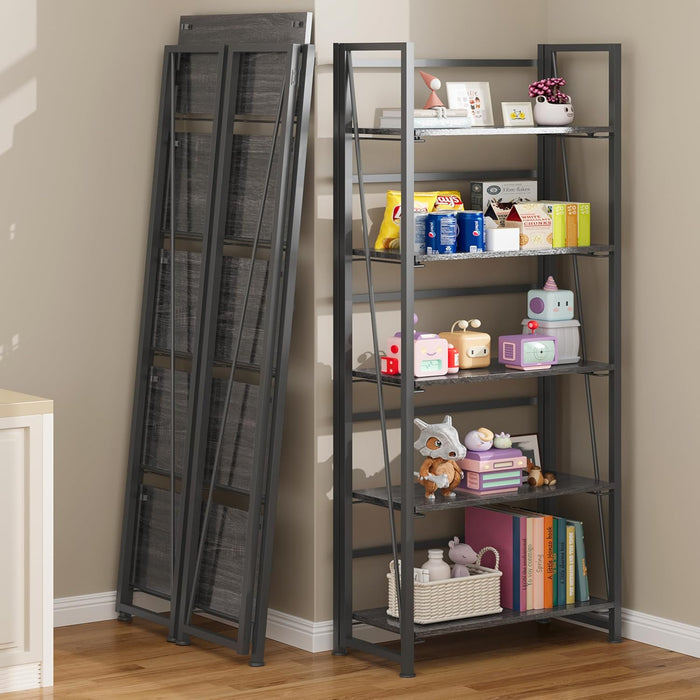 Vintage Multifunctional Folding Bookshelf, No-Assembly Plant Stand Storage Rack Shelves for Home Office (Gray, 5-Tier)
