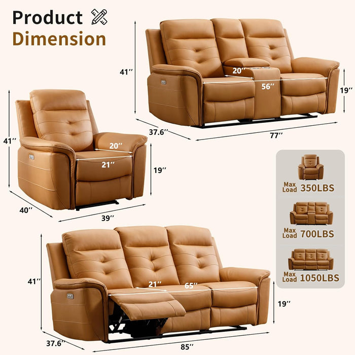 3-Piece Power Recliner Sofa Set with Charging Port, Include Single Recliner Chair, 2-Seater Loveseat with Hidden Storage & Cup Holders and 3-Seater Reclining Couch for Living Room, Yellow
