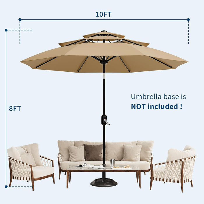10Ft 3-Tier Patio Umbrella, Outdoor Table Umbrella with Vents, Easy Crank and Push Button Tilt, Market Umbrella with 8 Sturdy Ribs for Pool, Deck, Yard, Garden -Tan