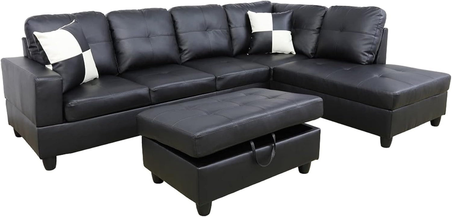 Sectional Sofa Faux Leather Modern L Shaped Couch Set 103.5”Wide Including Chaise and 3 Seating Sofa with Storage Ottoman for Living Room Furniture (Right Hand Facing, B-Black)