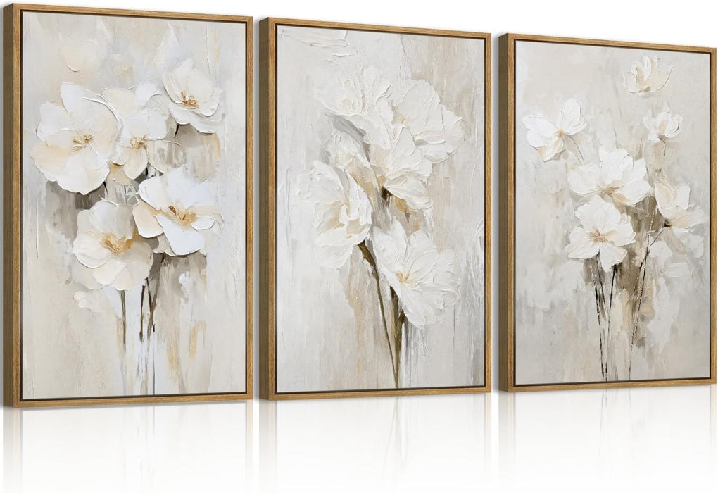Extra Large Beige Floral Framed Wall Art 24X36 Inch Neutral White Flower Canvas Wall Art Farmhouse Wildflower Botanical Artwork for Living Room Bedroom Dining Room Set of 3