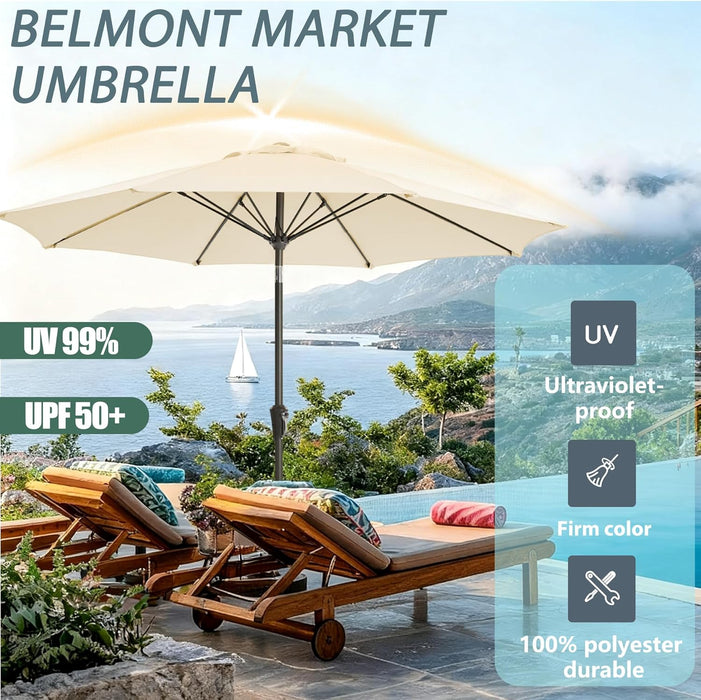 9 FT Patio Umbrella Outdoor Patio Deck Umbrella Beige | Large UPF50+ Fade-Resistant Design, Easy Push-Button Tilt & Crank, Heavy-Duty 8 Sturdy Ribs for Pool Backyard, Deck& Garden