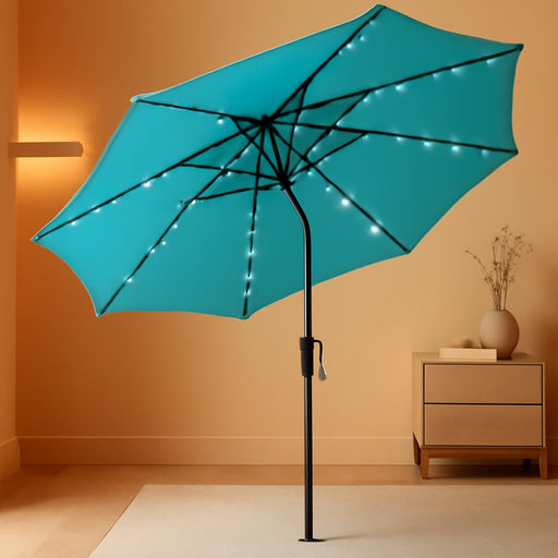 Outdoor Solar Patio Umbrella with 32 LED Lights, Beach Market Table Umbrella with Crank and 8 Sturdy Ribs for Pool, Terrace, Restaurant