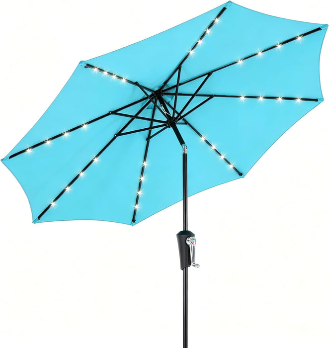 Outdoor Solar Patio Umbrella with 32 LED Lights, Beach Market Table Umbrella with Crank and 8 Sturdy Ribs for Pool, Terrace, Restaurant