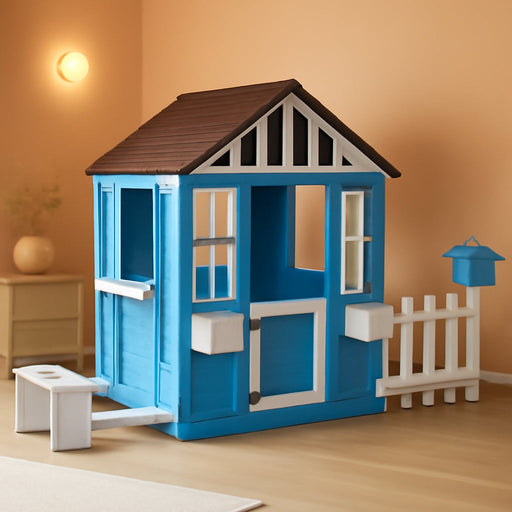 Wooden Outdoor Playhouse for Kids with Bench, Mailbox & Fence, Backyard Cottage Play House with Windows, Half Door & Flower Boxes, Pretend Garden Playset Gift for Boys and Girls