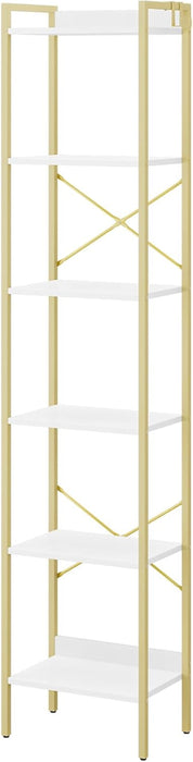 Bookshelf, Book Shelf, Industrial Bookcase with 2 Hooks, Coner Shelf Storage Organizer for Home Office, Living Room, Bedroom, Kitchen, 6-Tier White-Gold BC10713G