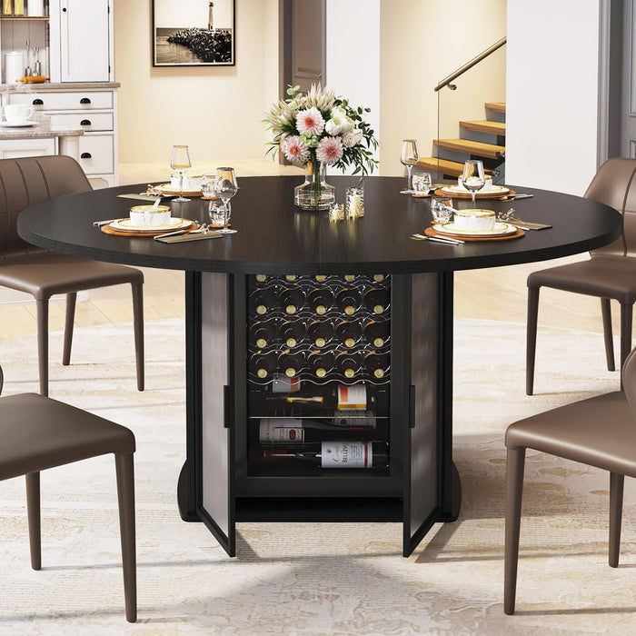 Black round Dining Table for 4, 47 Inch Dining Room Table with Storage | Modern Kitchen Tables with Fridge Space, Industrial Wood Dinner Tables for Home Kitchen Living Room, Black Oak, Only Table