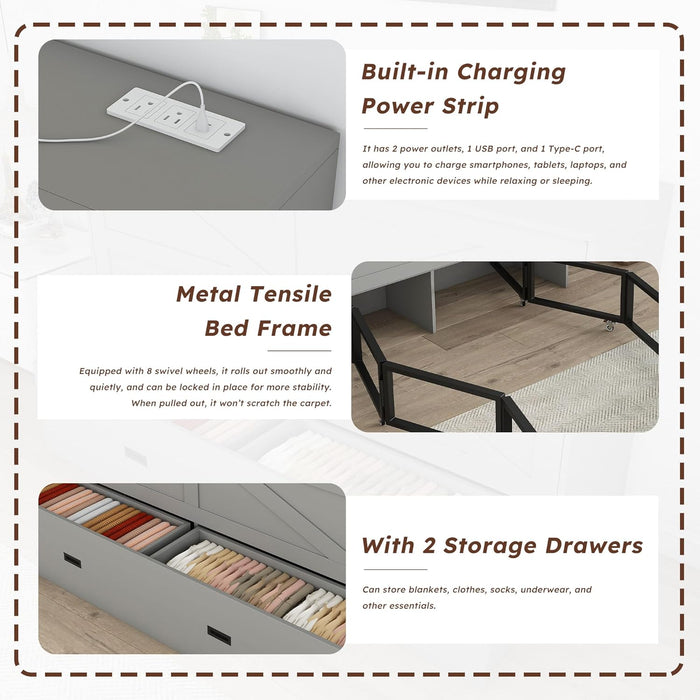 57" Full Murphy Bed W/Charging Station, Mattress & Drawers, Wall Cabinets Murphy Storage Bed W/Foldable Panels & Swivel Wheels for Bedroom/Guest Room/Living Room