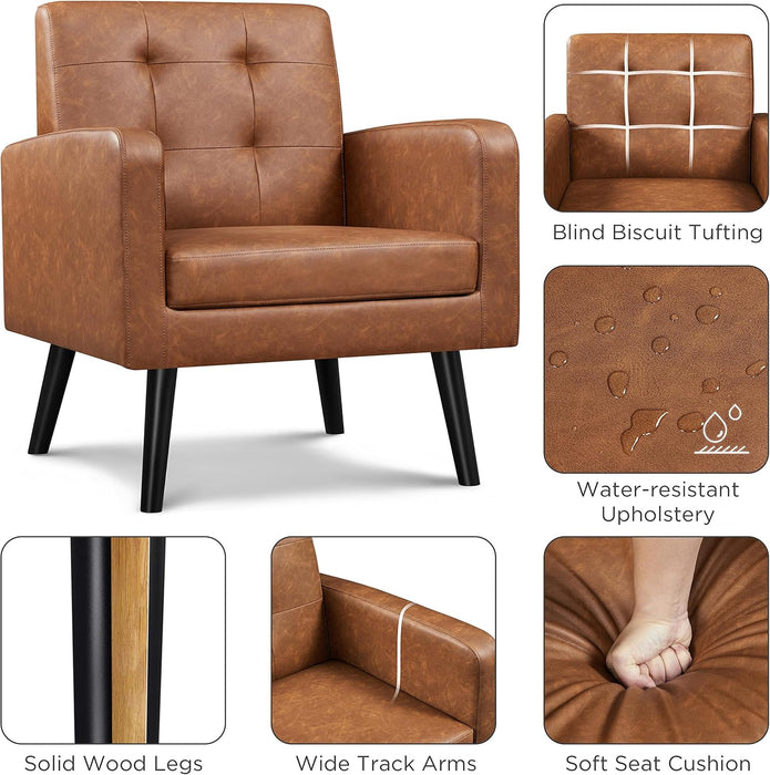 Mid-Century Accent Chairs, PU Leather Modern Upholstered Living Room Chair, Cozy Armchair Button Tufted Back and Wood Legs for Bedroom/Office/Cafe, Retro Brown 2 PCS