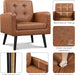 Mid-Century Accent Chairs, PU Leather Modern Upholstered Living Room Chair, Cozy Armchair Button Tufted Back and Wood Legs for Bedroom/Office/Cafe, Retro Brown 2 PCS