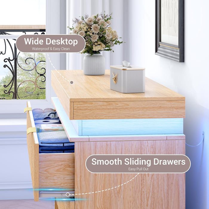 Dresser for Bedroom 6 Drawers with RGB LED Lights and Charging Station, 47.2" Wide Fluted Wooden Chest of Drawers, TV Stand Closet Clothes Storage Organizer for Living Room, Hallway, Oak