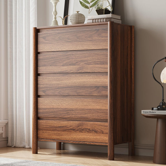 45" Tall Walnut 5 Drawer Dresser for Bedroom with Solid Wood Legs