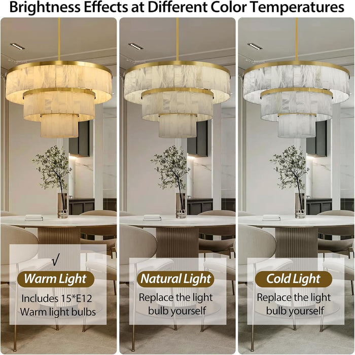 Round Alabaster Chandelier, 3 Tiers Natural Marble Chandelier D34"Gold Chandeliers for Dining Room, Modern Brass High Ceiling Chandeliers for Living Room, Foyer, Entryway, Staircase(Include 15 Bulbs )