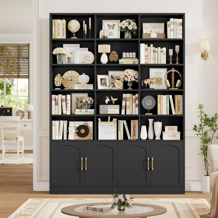 82.3" Triple Wide Bookshelf, Tall Bookcase with 4 Doors, Black