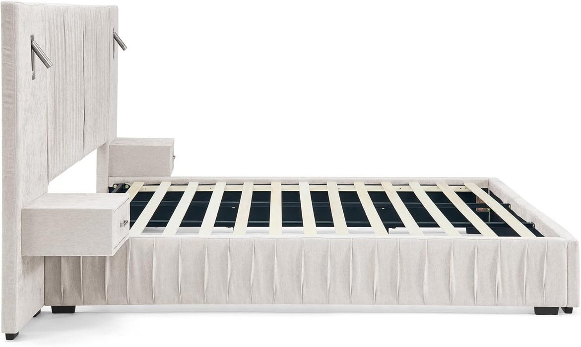 Queen Size Bed Frame with Built-In LED Lights and Nightstands, Chenille Upholstered Queen Platform Bed with Oversize Headboard,Pleated Design Grounded Bed,No Box Spring Needed,Beige