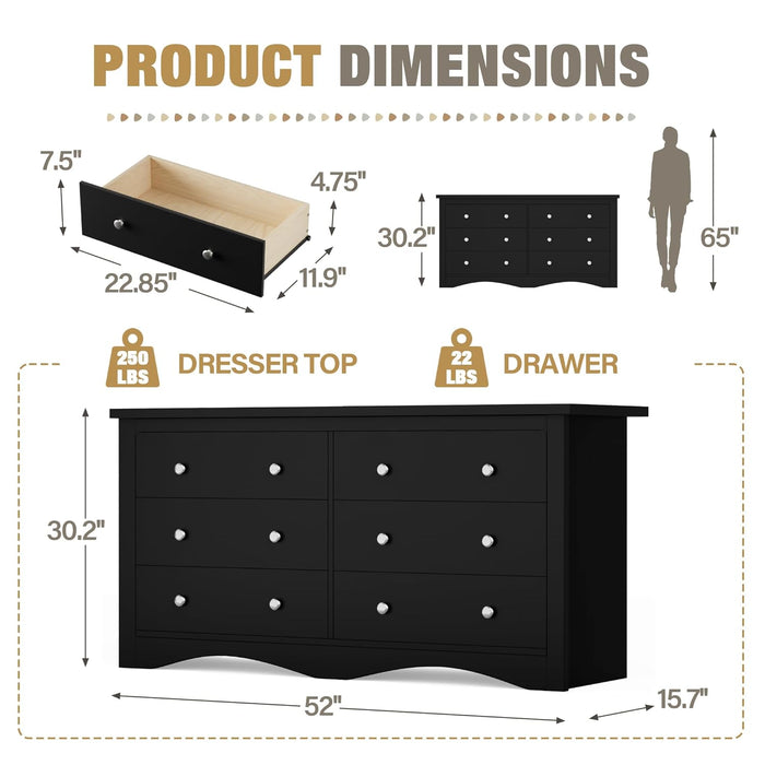 GlossyBlack SixDrawer Dresser 52Inch Contemporary Storage