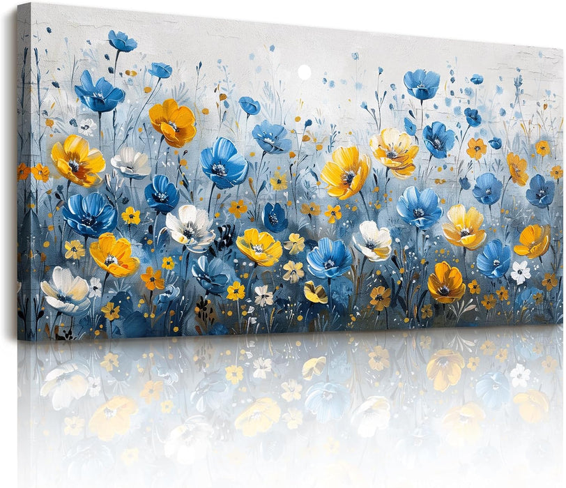 Floral Wall Art, Large Wall Art, Botanical Wall Decor, Blue and Yellow Wildflowers Art Prints, Modern Elegant Pictures for Living Room Bedroom Bathroom Kitchen Office Decorations 20"X40"