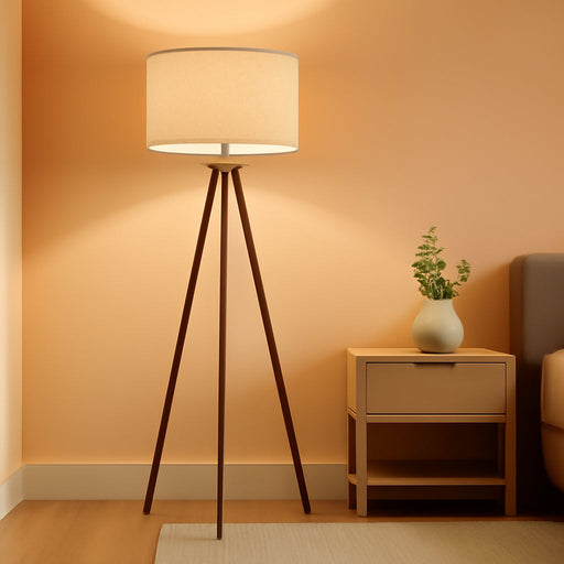 Wood Tripod Floor Lamps with 3 Color Temperatures LED Bulb Vintage Standing Light Beige Linen Shade Tall Floor Lamp for Bedroom Living Room Office Study Room, Brown & Nickel Metal