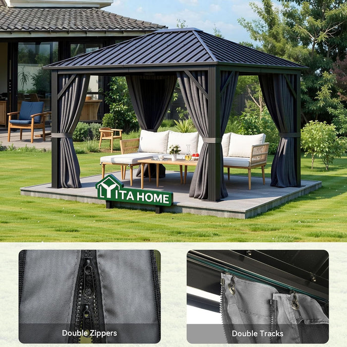 10X12FT Single Hardtop Metal Gazebo Top Outdoor Patio Canopy Galvanized Iron Aluminum Column Garden Tent Curtains Netting for Backyards Decks Lawns,Gray
