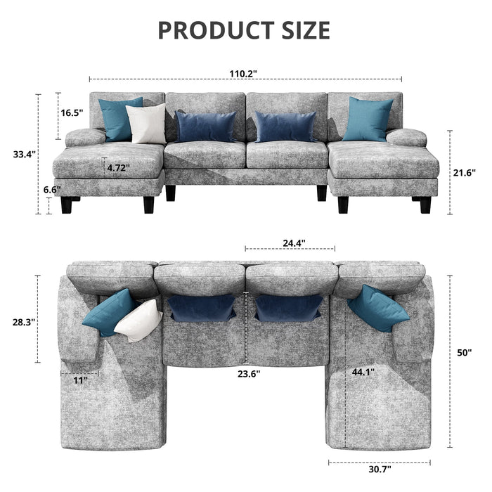 U-Shaped Sectional Sofa with Chaise, 4 Seats Chenille Fabric Sofa for Living Room, Gray