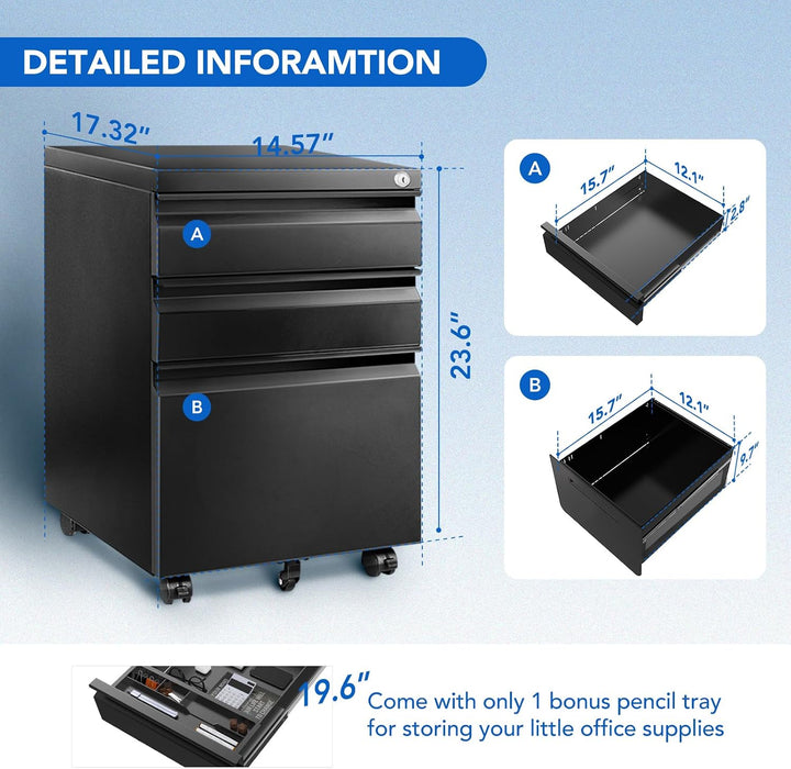 FLEXISPOT 3-Drawer Metal Mobile Filing Cabinet for Home Office - under Desk Storage with Lock Keys - Legal/Letter/A4 File Organizer - Fully Assembled except Wheels - Black