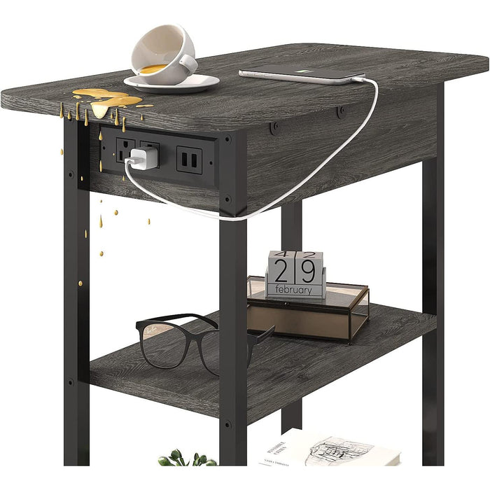 End Table with Charging Station, Flip Top Side Table for Small Spaces, Dark Grey