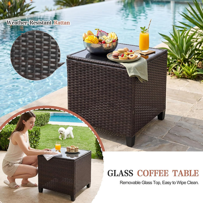 Patio Chair with Ottoman, 5 Pieces Patio Furniture Set Small Balcony Furniture, Rattan Patio Chairs Set of 2 with Glass Table for Front Porch Garden (Beige)
