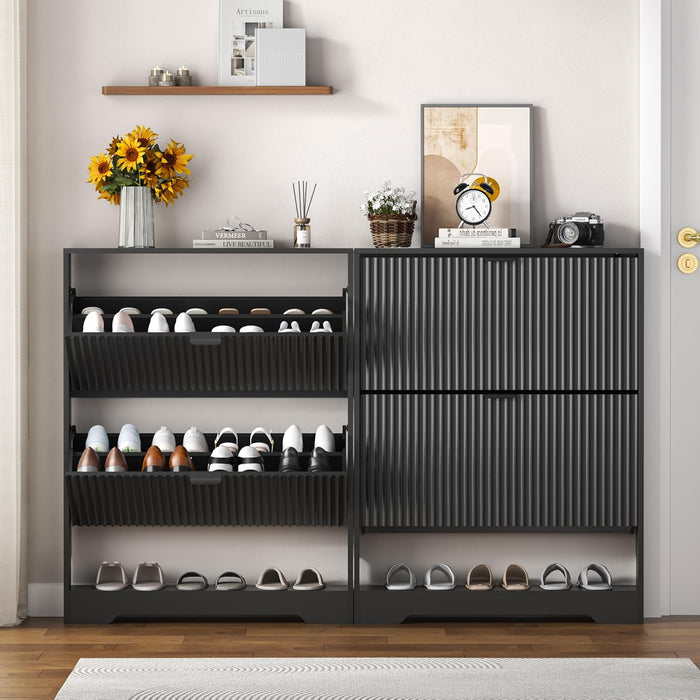 Black Fluted Shoe Cabinet With OpenStorageCompartment