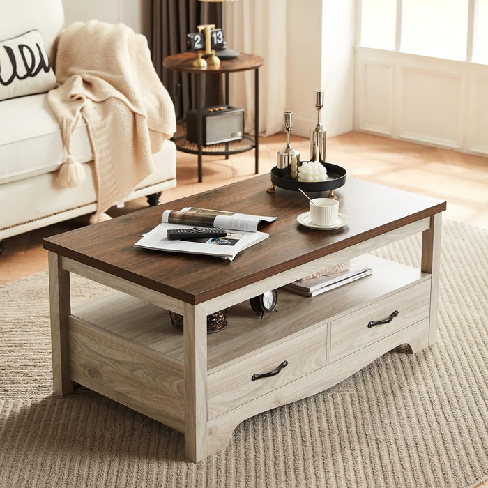 Farmhouse Coffee Table with Storage, Wood Coffee Table for Living Room, Open Display Area and Storage Drawers with Metal Handles, Chic Style with Curved Base. Oak and Brown
