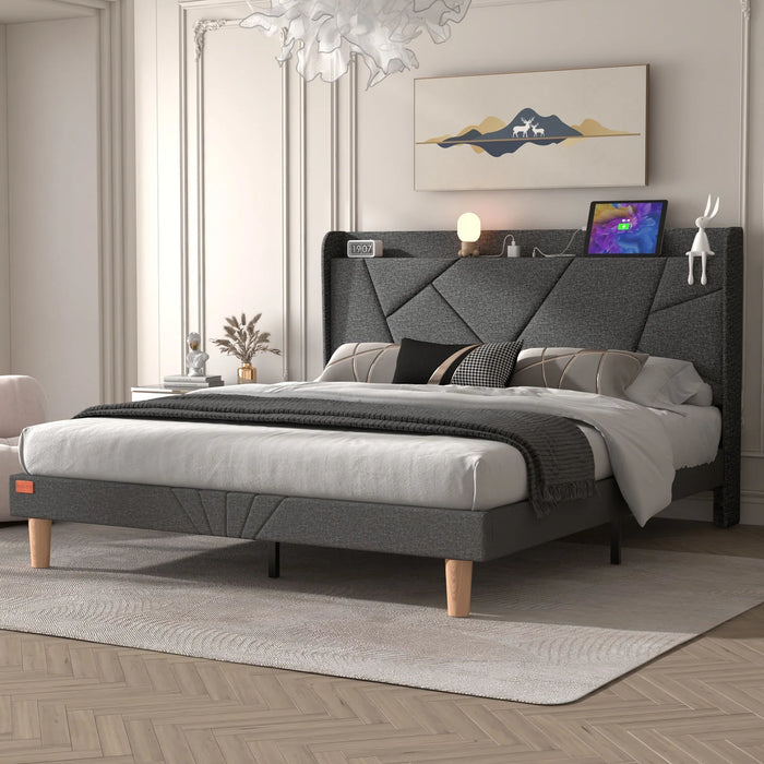 Queen Bed Frame with Charging Station, Upholstered Platform Bed with Wingback Storage Headboard, Dark Gray