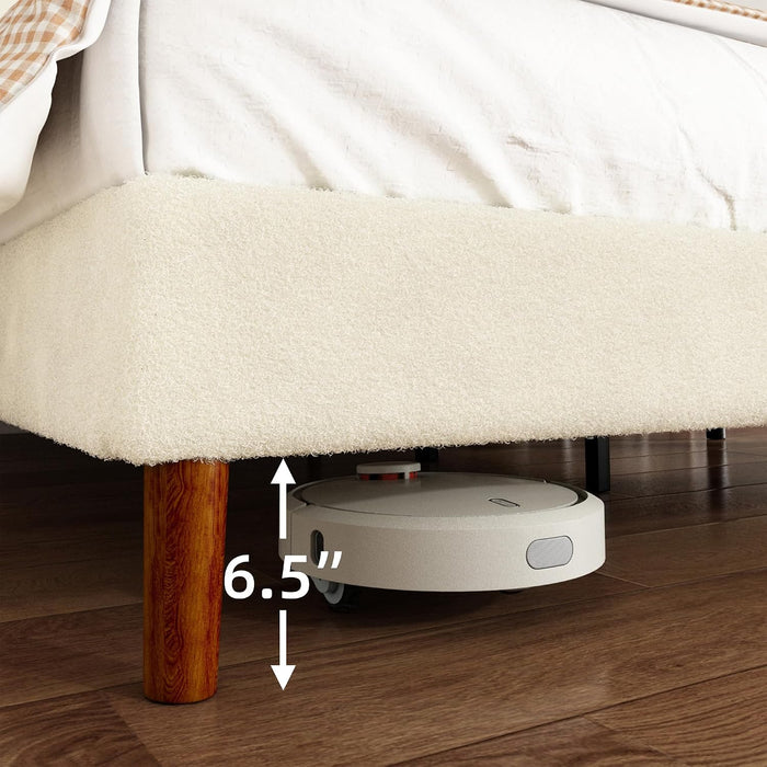 Queen Bed Frame, Boucle Upholstered Platform Bed with Iron & Wood, Beige