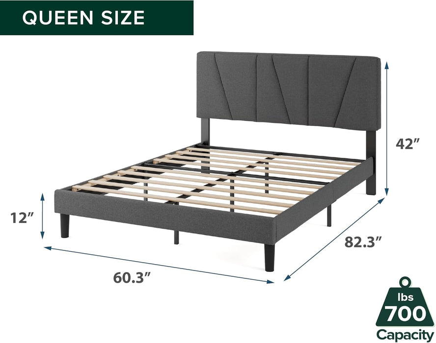 Queen Maya Upholstered Bed Frame with Asymmetric Headboard, Durable Wooden Slats, Sturdy Framework, Noise Free Sleep, No Box Spring Needed, Easy Assembly, Eco Friendly Packaging, Dark Grey