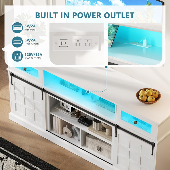 TV Stand for 80 Inch Tvs, LED Entertainment Center with Power Outlet, Farmhouse TV Stand W/Drawers & Sliding Barn Door, Media Console with Storage Cabinets for Living Room, White&Brown