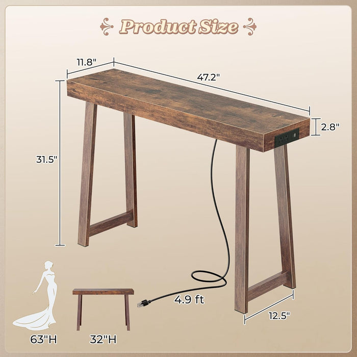 Entryway Console Table with Charging Station, USB-C Port, 47.2 Inch Sofa Table with Metal Legs, Entry Hallway Table with Thicker Desktop, Modern behind Couch Table, Rustic Brown