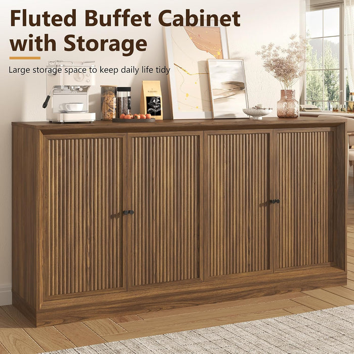 63” Fluted Sideboard Storage Cabinet, Mid Century Modern Wooden Credenza with 4 Doors & Adjustable Shelves, Beveled Edge Buffet Cabinet with Storage, Kitchen, Living Room (Walnut)