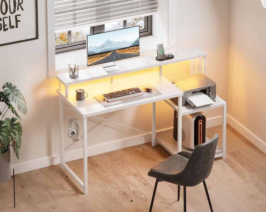 Computer Desk, 48 Inch Gaming Desk with Led Lights & Power Outlet, Office Desk with Printer Storage Shelves, Reversible Desk with Monitor Shelf & Headphone Hook, White