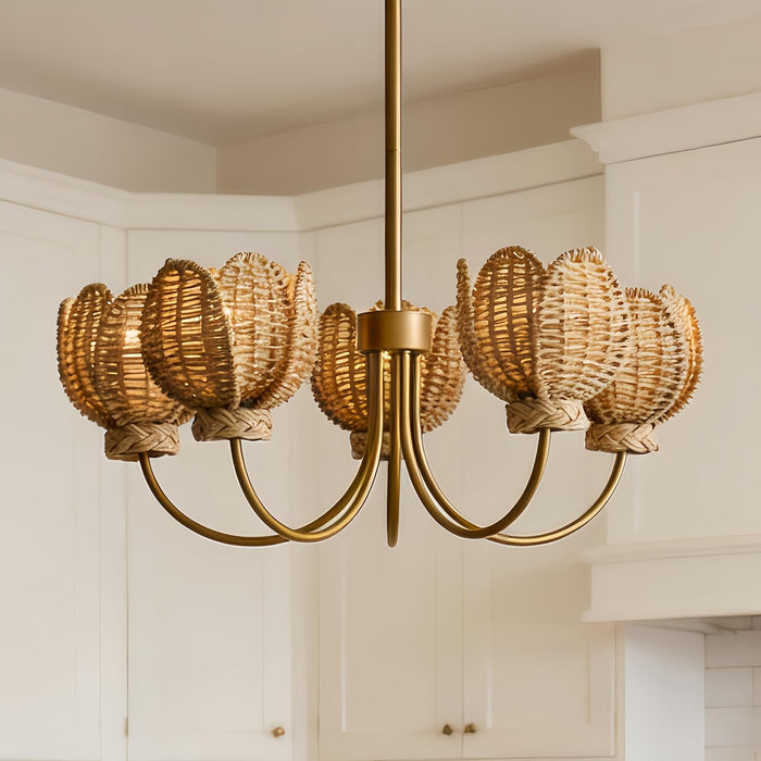 Natural Artisanal Wicker and Brass Chandelier, 38'' Hanging Light Fixture with Tulip Shades, Pendant Lights for Dining Room, Bedroom, Living Room