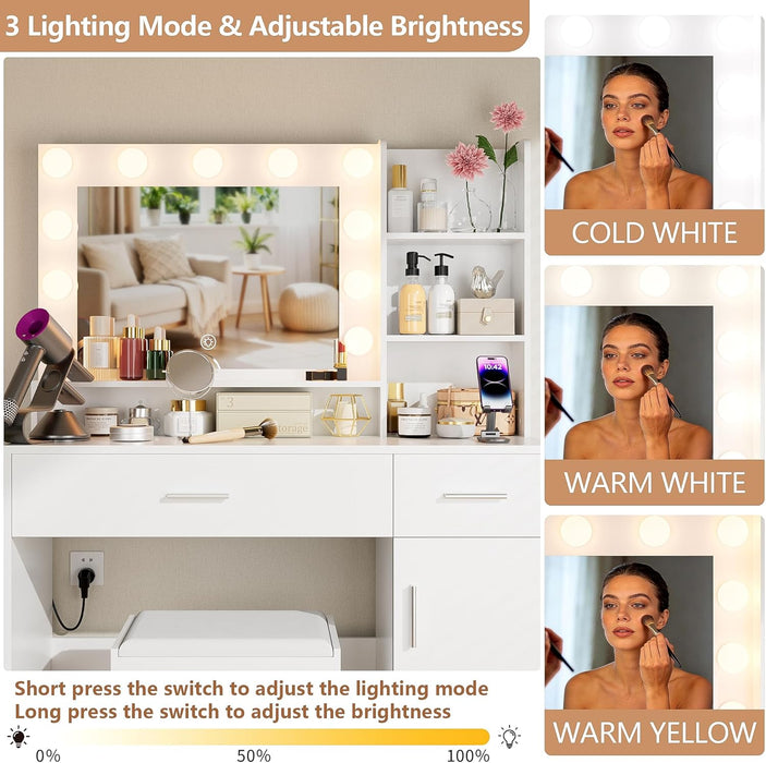 Vanity Desk with Mirror and LED Lights,Vanity Desk with 3 Drawers & 3 Storage Shelves,Vanity Table with Chair,Three Adjustable Lighting Modes,Bedroom Vanity,White