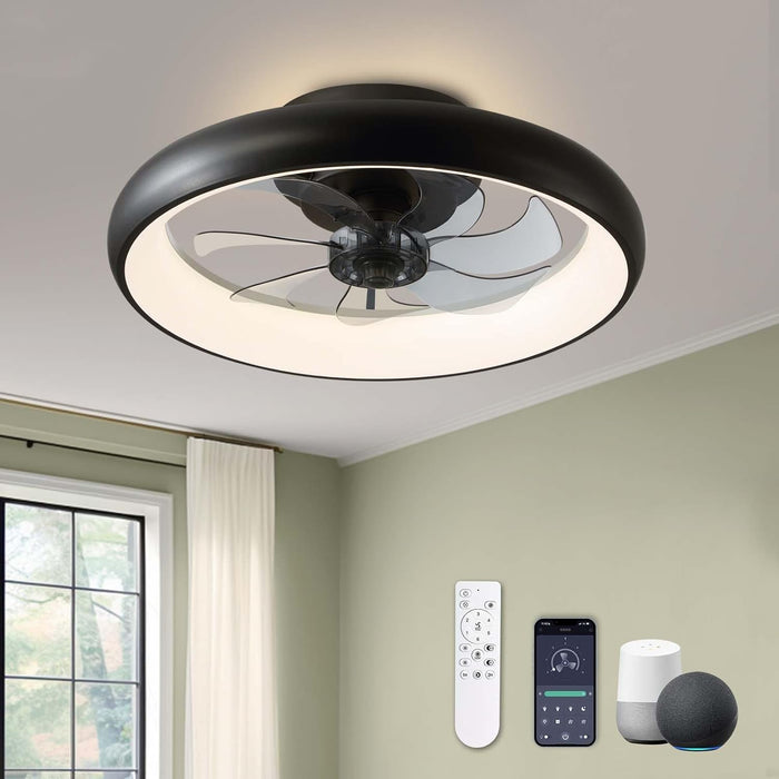 Ceiling Fans with Lights, Flush Mount Ceiling Fan with Alexa/Google Assistant/App Control, Low Profile Ceiling Fan with 6 Wind Speeds, LED Ceiling Fan for Bedroom, Kitchen 20“ (Black)